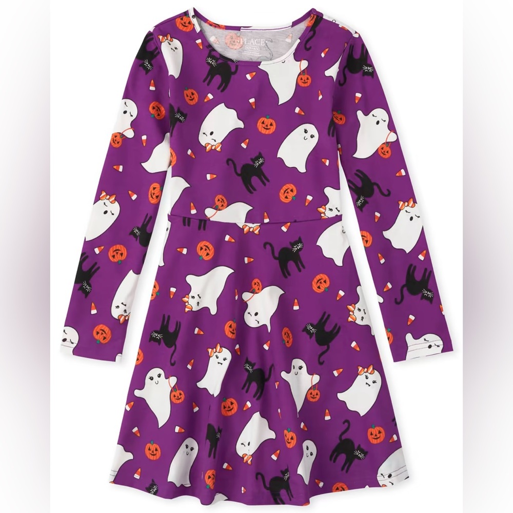 NWT 5T Children’s Place Halloween Purple Ghost Pumpkin Cat Dress in bag